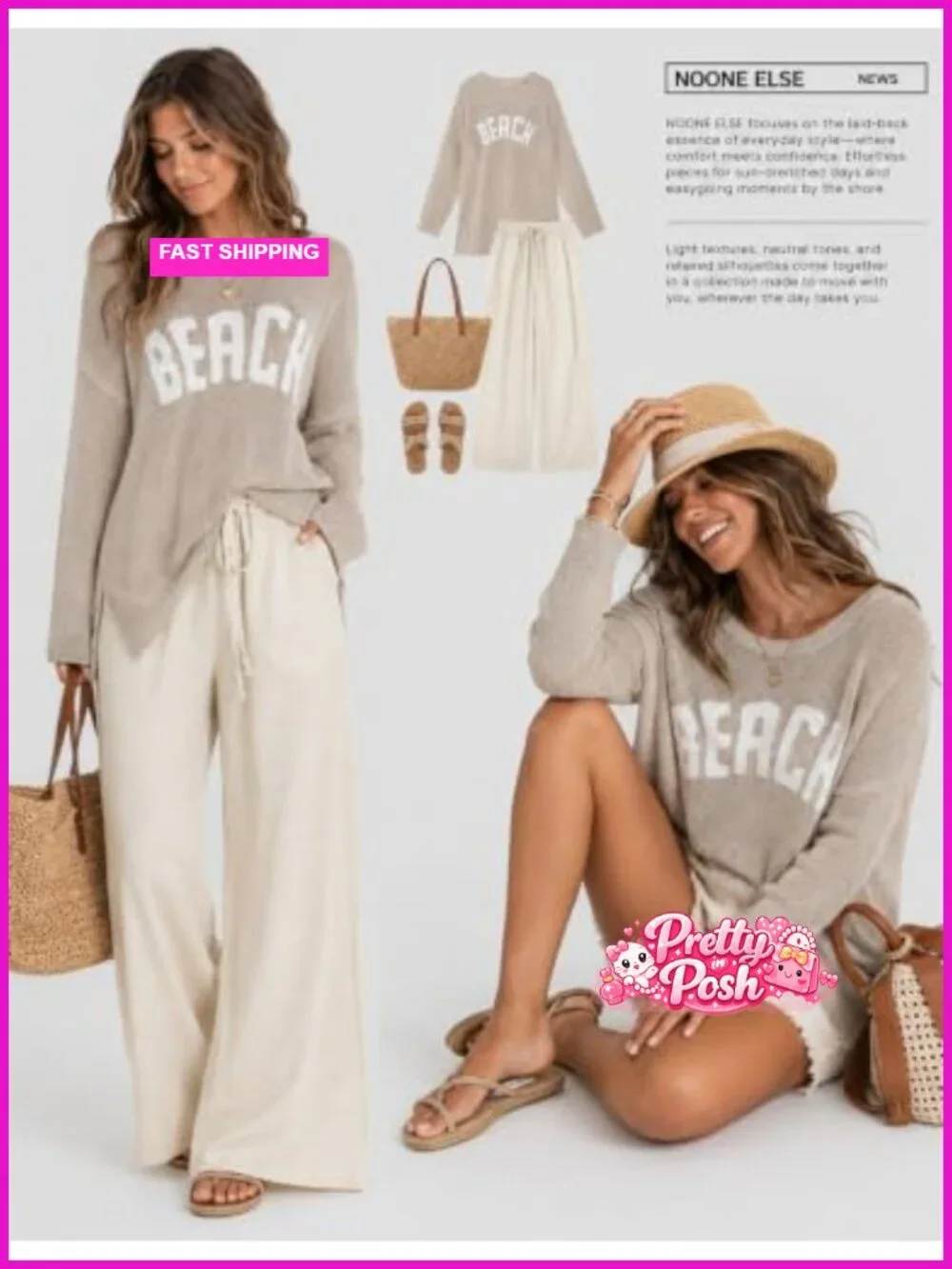Beach Letter Print Knit Cover Up Sweater Top | Long Sleeve Crew Neck Split Hem